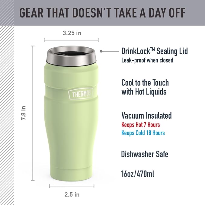 THERMOS Stainless King Stainless Steel Tumbler, 16oz, Matte Green | Vacuum-Insulated Coffee Tumbler for Hot & Cold Drinks, For Commuting & Traveling