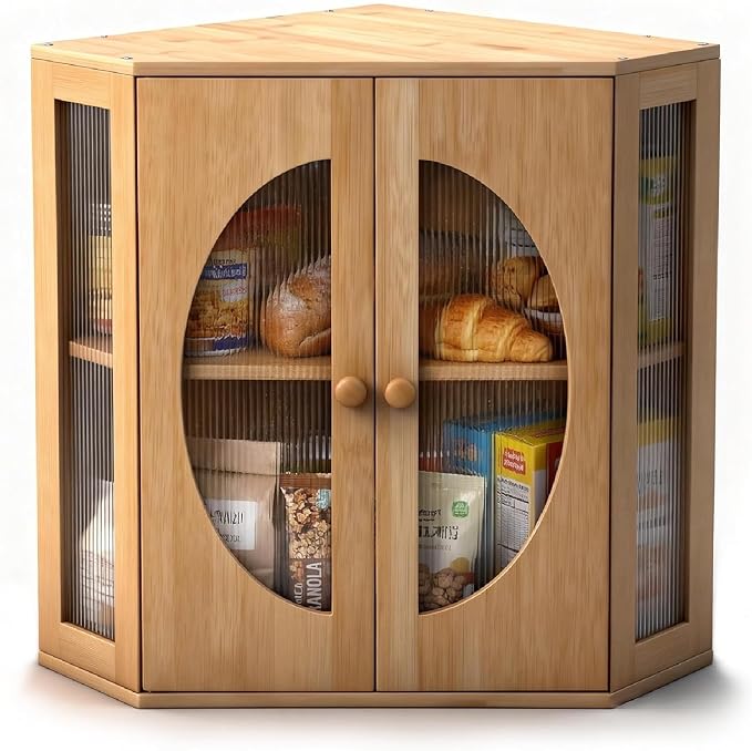 Corner Bread Box for Kitchen Countertop: Bamboo Storage Container for Homemade Bread, Two Layer Breadbox under Cabinet Mount, Large Bread Holder for Kitchen Counter, Pantry Shelf