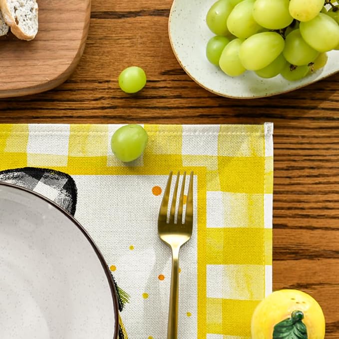 Artoid Mode Yellow Buffalo Plaid Lemon Placemats for Dining Table, 12 x 18 Inch Summer Seasonal Decoration Rustic Washable Table Mats Set of 4