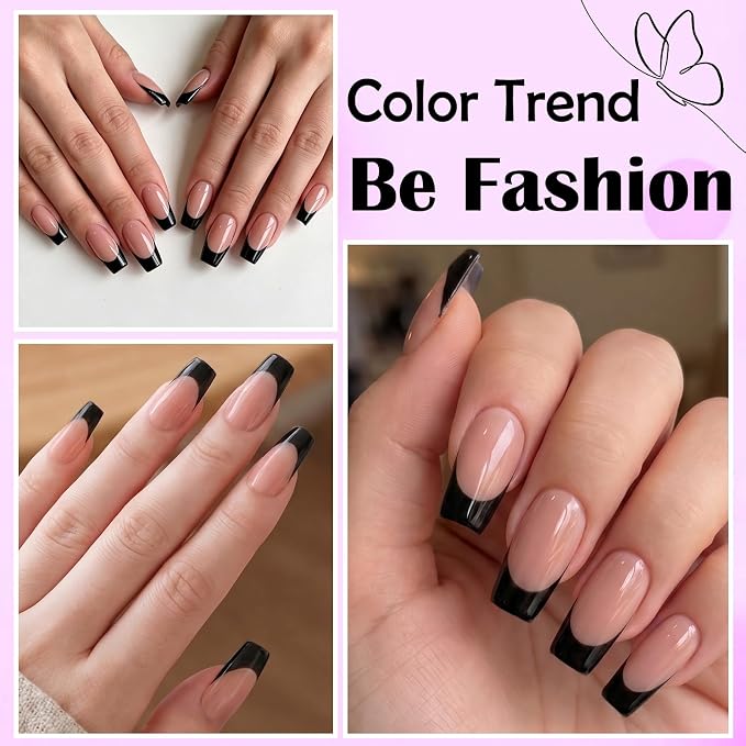 240pc Black French Tip Press on Nails Medium Square Acrylic Nail, Coffee Press ons Fake Nails with Glue & Tabs, 12 Sizes Glue on Nails Medium Press-on Nail Square Stick on Nail for Women Manicure