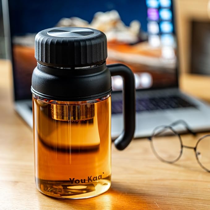 32oz Tea Infuser Bottle - Large Glass Water Bottle with Removable Infuser for Loose Leaf Tea & Fruit, Leakproof, Lead-free, Wide Mouth for Easy Cleaning - Handle for Hot & Cold Beverages (Black+White)