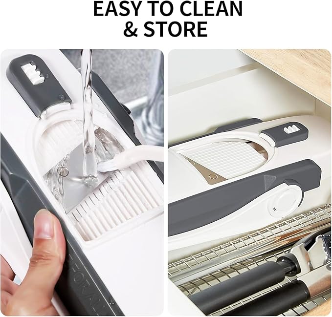 QYKIC Safe Mandoline Slicer,Vegetable Potato Slice Food Cutter for Kitchen,Thickness Adjustable Upright Veggie Chopper for Fast Meal prep (Gray) | Stainless Steel Blades,Potato Vegetables Slicer French Fry Cutter ,Julienne Dicer,with food Container,Dis...