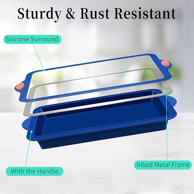 Silicone Baking Pans Set, 4 Pieces Nonstick Bakeware Set with Baking Pans, Baking Sheets, Cookie Sheets, Cake Pan with Grips and Metal Reinforced Frame More Strength, Navy Blue