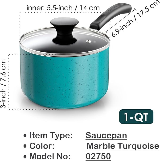 Cook N Home Basic 1 Quart Nonstick Saucepan with Glass Lid, Small Non Stick Aluminum Sauce Pan, Multi-Purpose Milk Chocolate Cooking Pot with Stay-Cool Handle, Turquoise | Nonstick Aluminum Sauce Pan, Multi-Purpose Milk Chocolate Cooking Pot with Stay-...