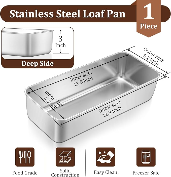 TeamFar Loaf Pan, 12 x 5 Inch Stainless Steel Loaf Pans for Baking Bread | Large Bread Loaf Baking Pan for Homemade Bread, Meatloaf, Cake, Brownies, Non-Toxic, Heavy-duty, Oven & Dishwasher Safe