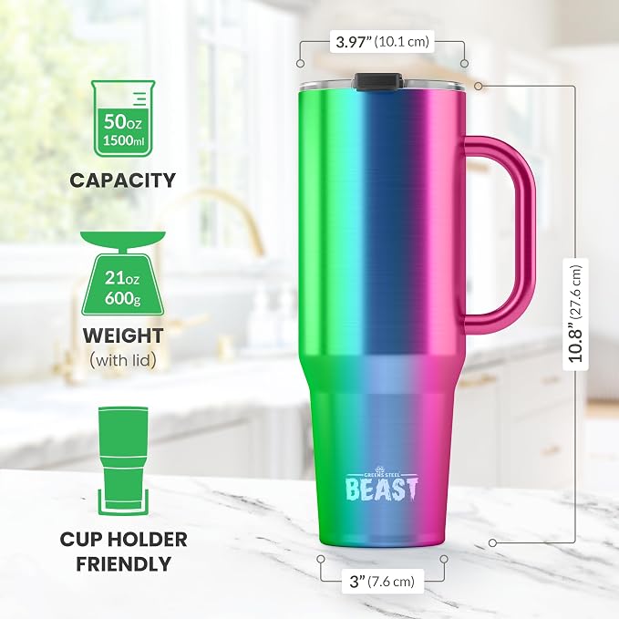 Beast 50 oz Tumbler with Handle Stainless Steel Vacuum Insulated Coffee Ice Cup Double Wall Travel Flask (Rainbow)