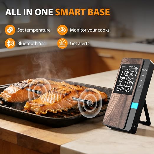 Smart Bluetooth Wireless Meat Thermometer with 2 Thin Probes | Standalone Display Base, Backlit LCD display, Certified Accuracy ±0.5°F, BBQ Smoker Grill Oven, Brisket Steak Turkey Pork