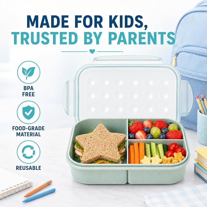 MISS BIG® Bento Lunch Box for Kids, 1150ml, 3 Compartments, Slate Blue | Slate blue 1150ml kids lunch box for school, daycare, snacks, light meals, picnic, and travel.