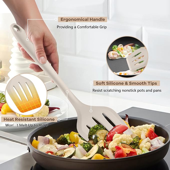 TeamFar Silicone Cooking Utensils, 10 pcs Kitchen Cooking Utensils Set | Heat Resistant Kitchen Gadgets Tools Set w/Spatula, Turners, Spoons, Soup Ladle, Pasta Server for Nonstick Cookware, Khaki