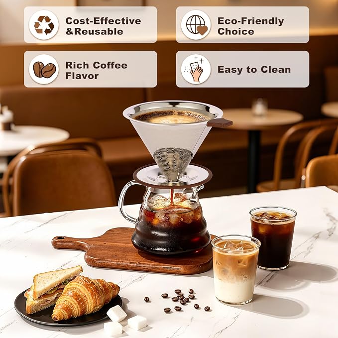 Pour Over Coffee Dripper, Roogaluckeep Stainless Steel Reusable Filter | 600 mesh metal strainer, paperless design, 1-4 cup brewing, no paper filters needed, easy to clean, compact for daily use
