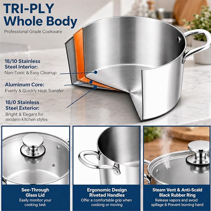 TeamFar 3.5 Quart Stock Pot, Tri-Ply Stainless Steel Pasta Pot with Lid | Cooking Broiling Eggs Veggies Soup, Tempered Glass Lid & Double Side Riveted Handles, Healthy & Heavy Duty, Dishwasher Safe