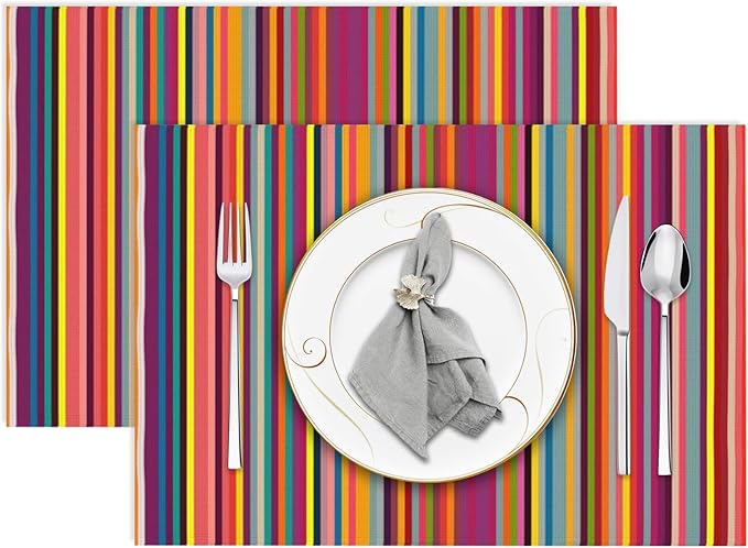 Bright Colorful Striped Placemats Set of 2, 12x18 Inch Rainbow Colored Geometric Pattern Table Mats for Holiday Party Kitchen Dining Room Decoration
