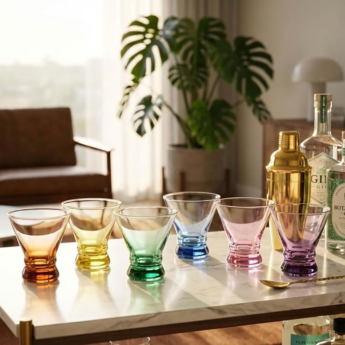 ColoVie Martini Glasses Set of 6 - Cocktail Glasses - 8oz Stemless Margarita, Bar, Dessert Glass - Colored Liquor Drinking Glassware - Cosmo, Manhattan, Espresso Martini - Cocktail Party Gift for Her | 8oz Martini Glasses for espresso martinis, cosmos,...