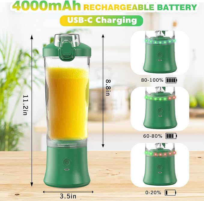 Portable Blender Personal Juicer for Shakes Smoothies with Insulated Sleeve | 20 Oz Electric Protein Shaker Bottle, Travel Lid, USB-C Rechargeable, Mini Small Cordless Blender Cup for Kitchen Travel Gym