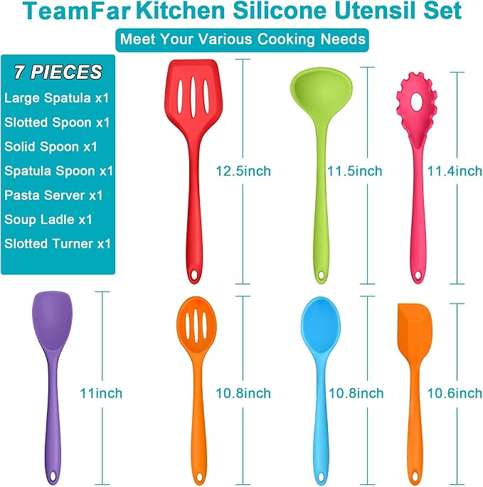 TeamFar Silicone Cooking Utensil Set of 7, Kitchen Cooking Utensil Set | Multi-Color Kitchen Tools Turner Spoon Spatula Ladle for Nonstick Cookware, Healthy & Heat Resistant & Dishwasher Safe