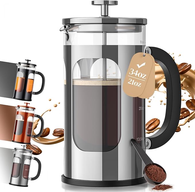Veken French Press Coffee Maker,No Plastic Touching Cafe,34oz 1L Cafetera | Heat Resistant Thickened Borosilicate Glass Stainless Steel Brewer,Pot for Kitchen,Travel,Camping,Tea,Gifts,Silver