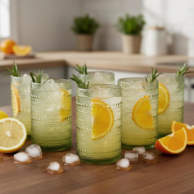 Moretoes 15oz Green Hobnail Drinking Glasses Set of 6 | Vintage Highball Glass Cups, Kitchen Drinkware Glassware for Beer,Cocktail,Whiskey,Juice and Various Mixed Drinks