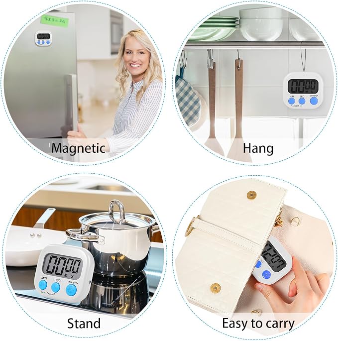 Weewooday 12 Pcs Digital Kitchen Magnetic Timer Bulk Classroom Count up Countdown Egg Timer Cute Desk Stopwatch for Back to School Teacher Kids Cooking Office(White,Stylish Style)