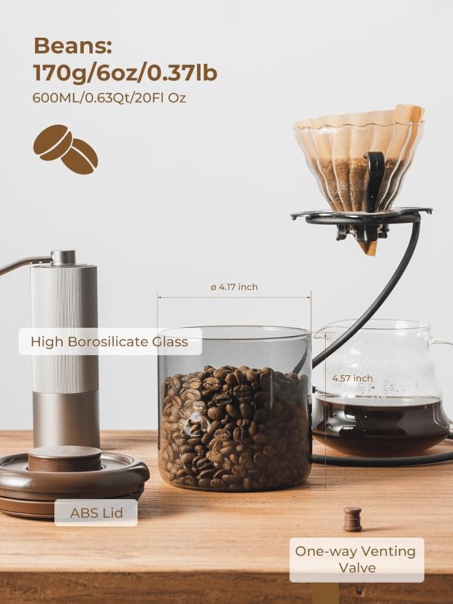 Airtight Coffee Canister with Pop Lid and CO₂ Valve for Beans & Grounds | Glass Storage Jar for Small Batches, 7oz, Brwon, Decaf and Specialty Roast, Compact Countertop Organizer for Home Coffee Bars