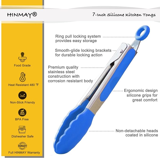 HINMAY Small Tongs with Silicone Tips 7-Inch Serving Tongs, Set of 3 (Blue)