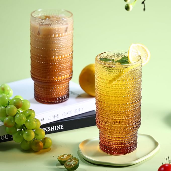 Large Capacity 16 oz Hobnail Drinking Glasses Set of 6, Vintage Glassware Drinking Glasses, Gradual Amber Water Glasses Tumbler, Thanksgiving Cups for Kitchen, Juice, Beer, Cocktail, Whiskey