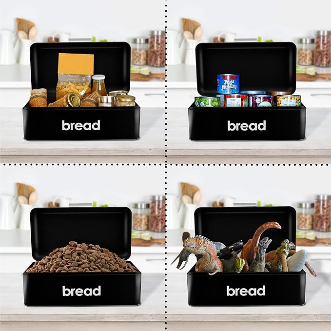 E-far Vintage Bread Box for Kitchen Countertop, Black Metal Bread Storage Container Retro Bread Bin for Pastries/Loaves/Dry Food, Large Capacity & Modern Design (16.7” x 9” x 6.4”)