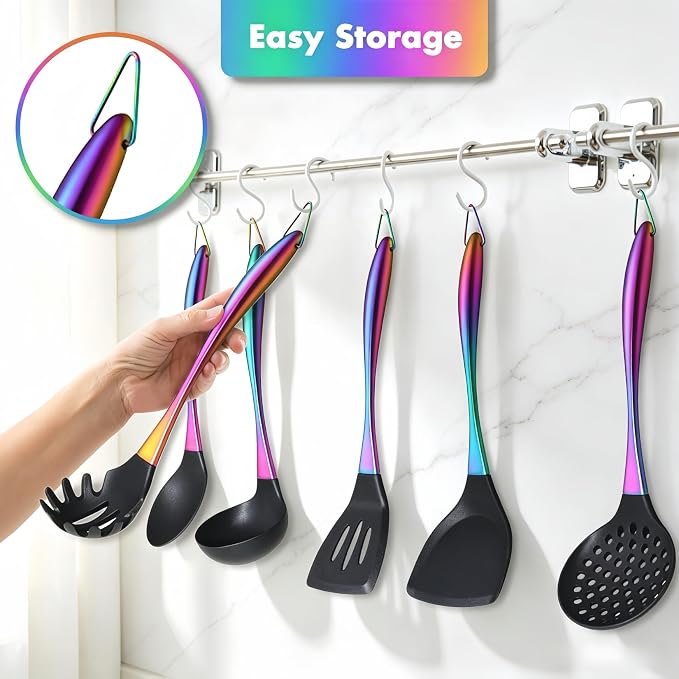 Silicone Cooking Utensils Set, 17pcs Kitchen Utensil Set with Rotatable Holder, Heat-Resistant Silicone Utensils for Cooking, Non-Stick Spatula Set with Stainless Steel Handle,Turner,Ladle (Rainbow)