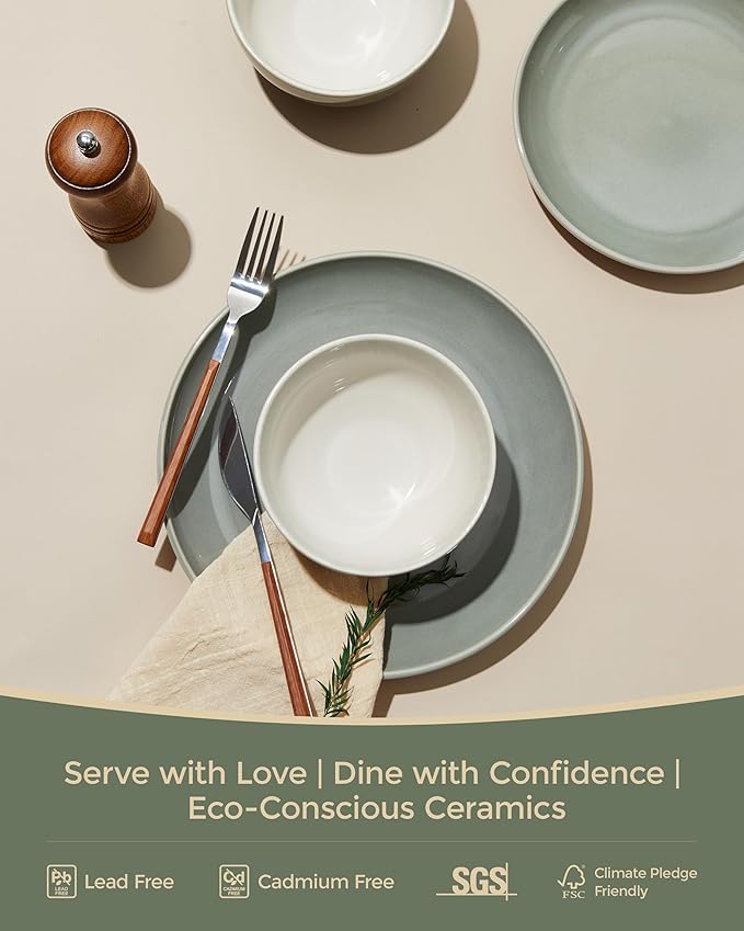 Stoneware Dinnerware Sets, Ceramic Plates and Bowls Set, Microwave & Dishwasher Safe Kitchen Dish Set, Modern Dinner Salad Plates | Cereal Bowls for 4, Dishware Sets Gray Green