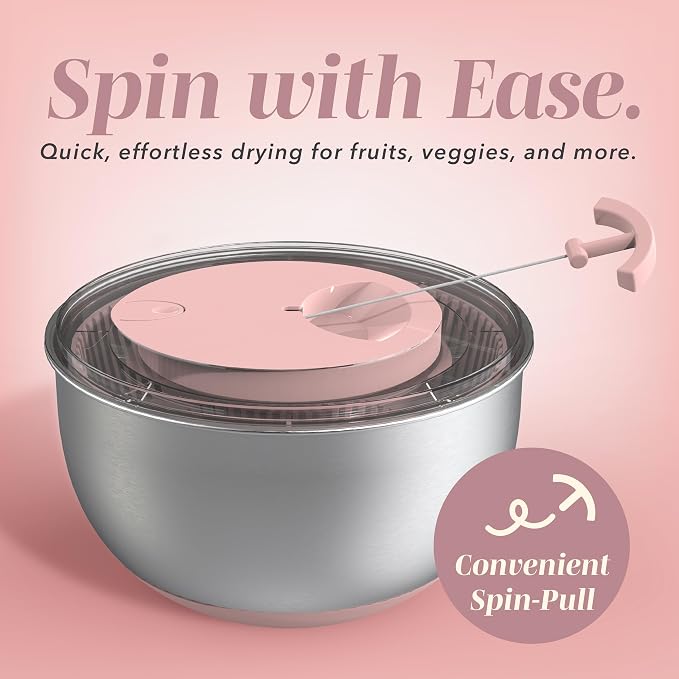 COOK WITH COLOR Stainless Steel Salad Spinner - 5 Qt. Lettuce Washer And Vegetable Spinner Dryer for Easy Salad Prep - Non Slip Base with Pull Handle - Auto Stop Brake System, Stain and Odor Resistant