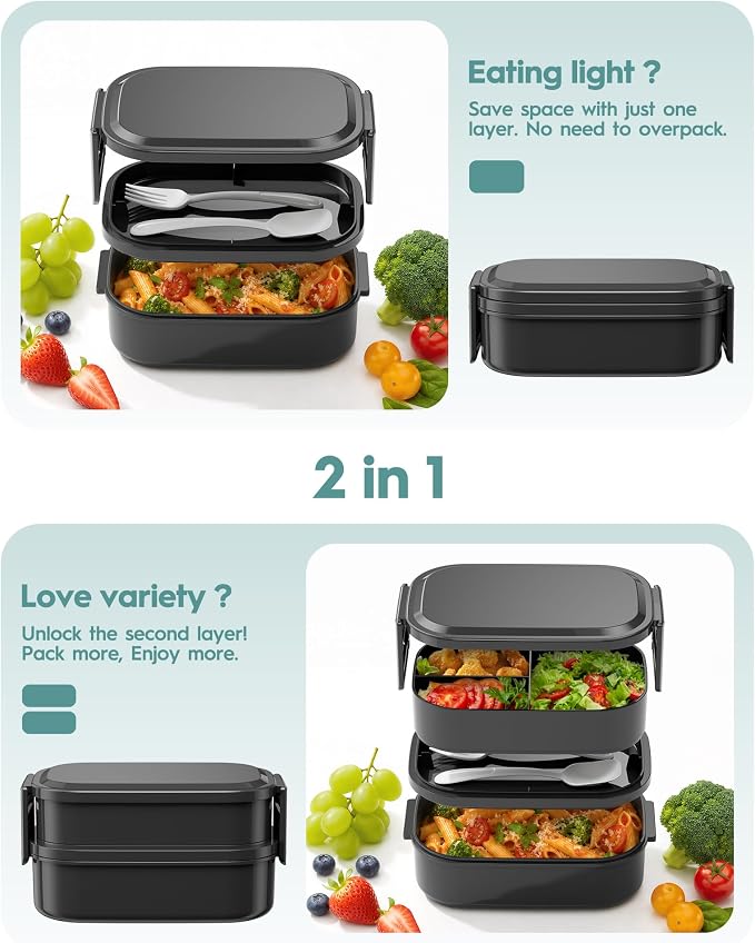 BiuLeon Bento Box Adult Lunch Box, 65 Oz Capacity Lunch Containers(Adjustable 2/3 Tier), BPA-Free, Leak-Proof and Stackable Bento Lunch Box, Microwave & Dishwasher Safe with Utensils(Black)