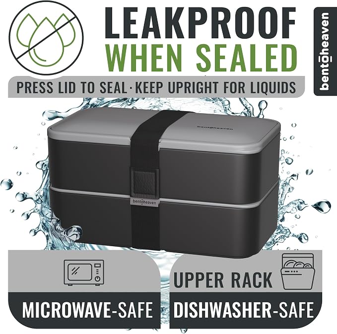 Bentoheaven Bento Box Adult, Stackable Lunch Box, 40 oz, Whispering Gray | BPA-free, leakproof and microwave-safe with 2 compartments, utensils, chopsticks, divider and sauce cup for men and women.