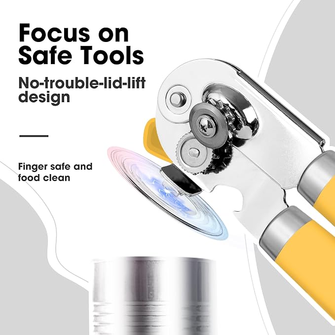Beneno Heavy Duty Hand Can Opener Manual with Magnet Lid Remover, Yellow | Razor-Sharp Carbon Steel Blade, Precise Smooth Cutting Gear, Big Effort-Saving Knob, Soft Grip Handle, Built-in Bottle Opener