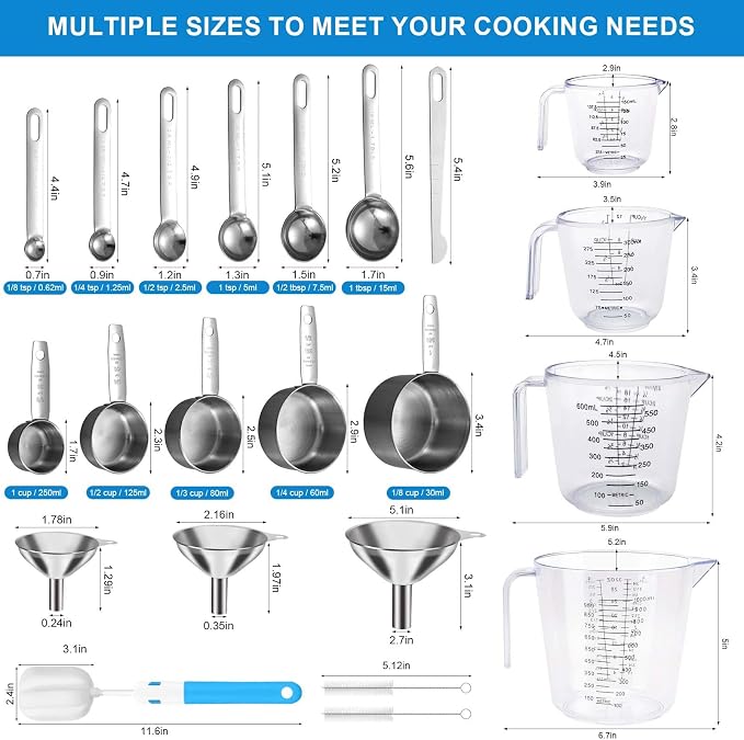 Measuring Cups and Spoons Set 22 Piece, 11 Stainless Steel Nesting Measuring Spoons and Cups with 4 Plastic Measuring Cup, 3 Funnel, 3 Brush, 1 Ruler, Measuring Cup Set for Kitchen Baking Liquid Dry