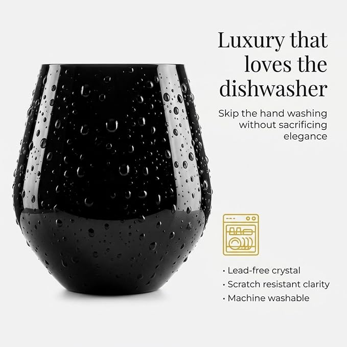 Godinger Stemless Red Wine Glasses, Drinking Glasses, European Made Stemless Wine Glass - Black, 17oz, Set of 4
