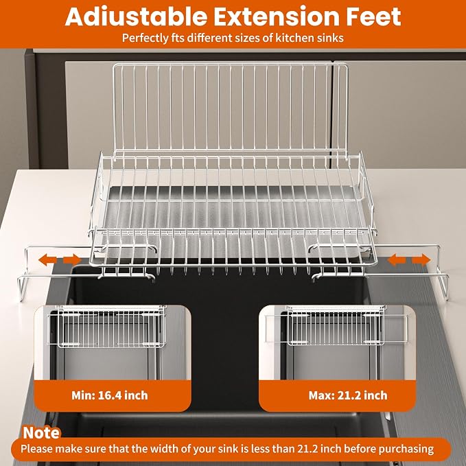 Dish Drying Rack Stainless Steel Expandable Large | Dish Drainer for Kitchen Counter with Stainless Drain Board Rustproof Collapsible Space Saving