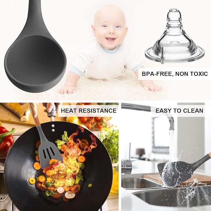 MIBOTE Silicone Cooking Kitchen Utensils Set, 17 Pcs, Wooden Handle, Grey | BPA-Free, Non-Toxic Silicone Turner, Tongs, Spatula, Spoon Set – Great for Nonstick Cookware, Heat-Resistant, Easy Clean