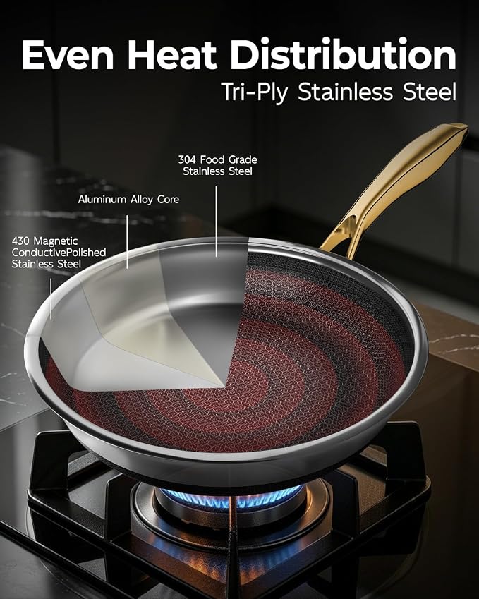 FogDream 10 Inch Stainless Steel Frying Pan with Lid, Honeycomb Hybrid Nonstick Skillet for Induction & All Cooktops, PFAS/PFOA/PTFE Free, Oven Safe to 500°F, Stay-Cool Handle, Dishwasher Safe, Gold