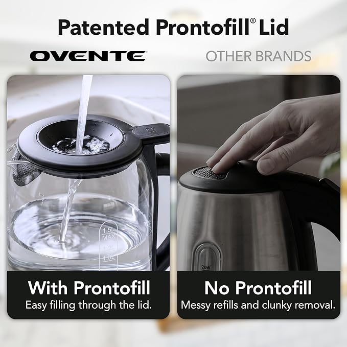 OVENTE 1.5L Glass Electric Kettle Water Boiler, Black KG516B | 1500W Fast Boiling, Easy Fill Lid, Stainless Steel Filter, LED Indicator, Auto Shut-Off, Boil-Dry Protection, 360° Base