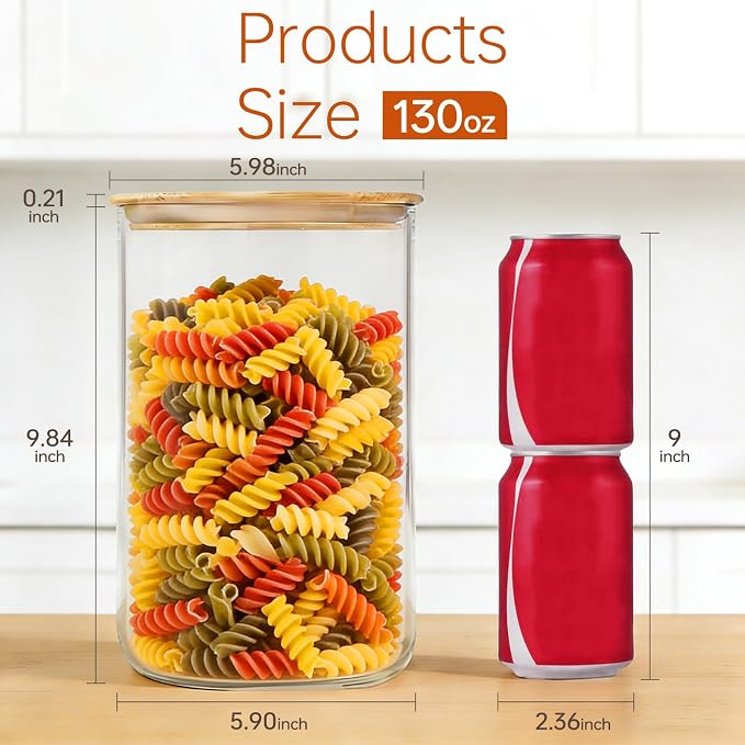 2-Pack Large Glass Flour Sugar Containers, 130oz Jars with Lids | Set of 2 Airtight Canisters, Glass Storage Containers with Bamboo Lids for Rice, Pasta, Oats, Candy, Cookies