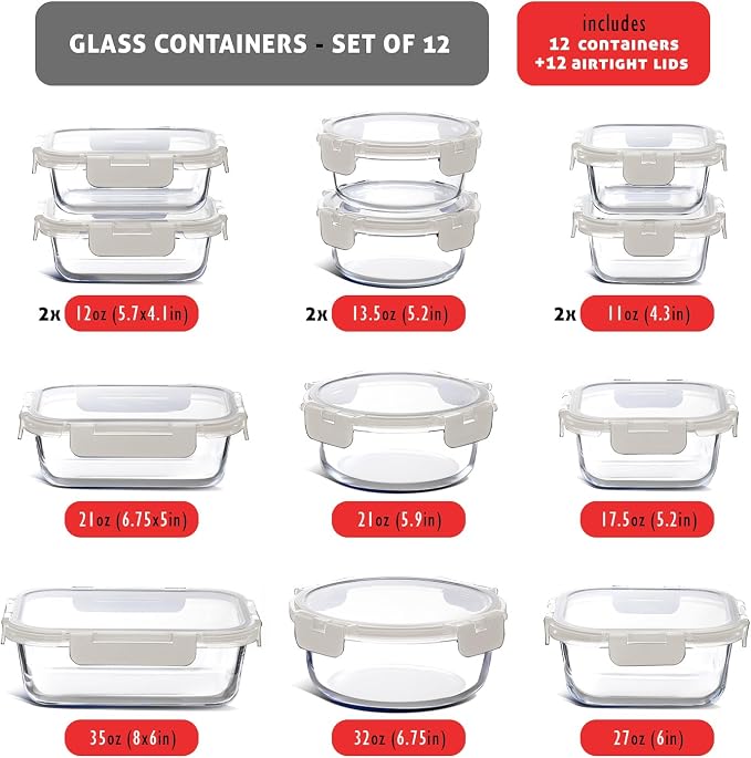Nestl 24pc Glass Storage Containers with Lids, 12 Glass Food Storage Containers with 12 Airtight Lids for Pantry & Kitchen, Meal Prep Containers for Lunch, Oven Microwave & Dishwasher Safe, Cream