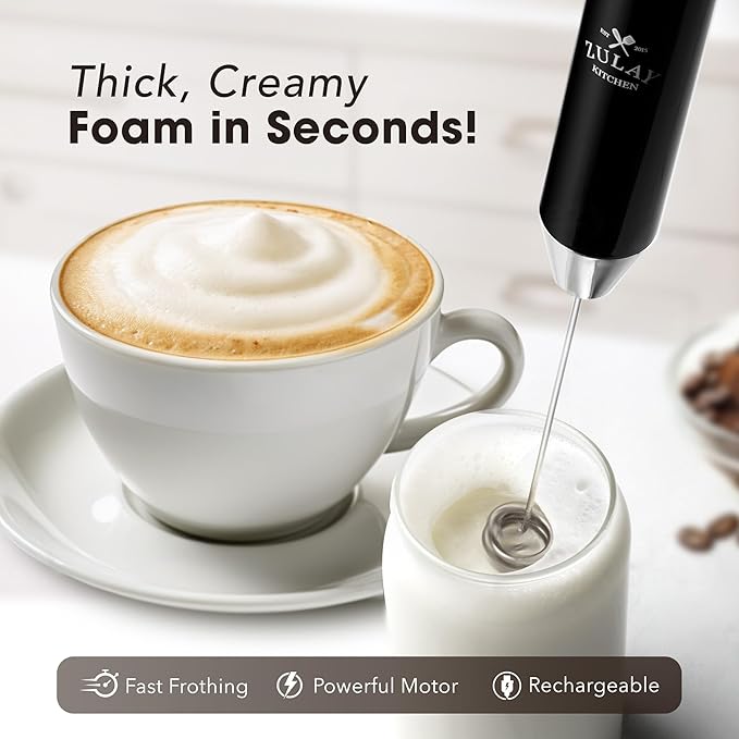 Zulay Kitchen Rechargeable Milk Frother Handheld - Frother Wand, Drink Mixer, Electric Whisk Frother, for Cappuccinos, Matcha & Protein Powder - Lux 4 Whisk 2 Speed Waterproof 2000mAh Alpha Black