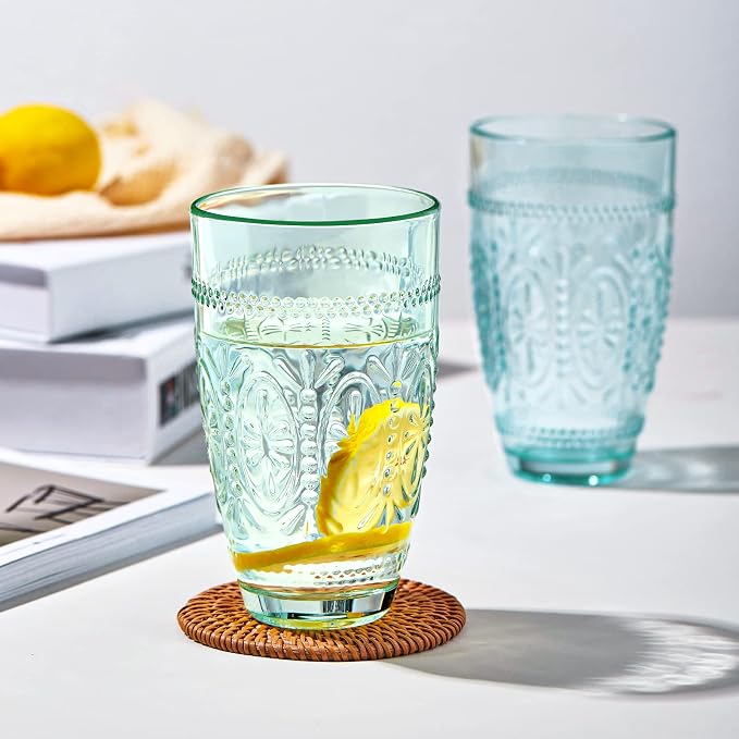 Colored Vintage Drinking Glasses Set of 4, 15.5 oz Romantic Embossed Water Glasses, Colored Tumblers Tempered Glass for Juice, Beverages, Beer, Cocktail (Green)