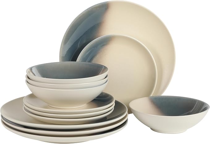 Gibson Elite Crescenton Plates and Bowls Sets, 12-Piece Blue Stoneware Dinnerware Sets, Round Reactive Glaze Dish Set