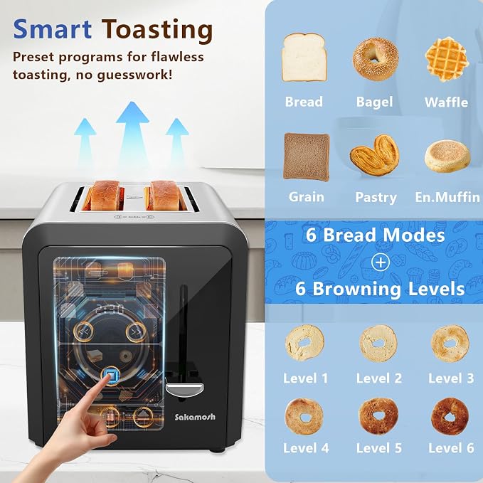 SAKAMOSH 2 Slice Touchscreen Toaster with Wide Slots for Bagels | 6 Browning Levels & 6 Bread Types, Wide Slots for Bagel, Memory Function, Defrost & Reheat & Cancel & Timer, Stainless Steel