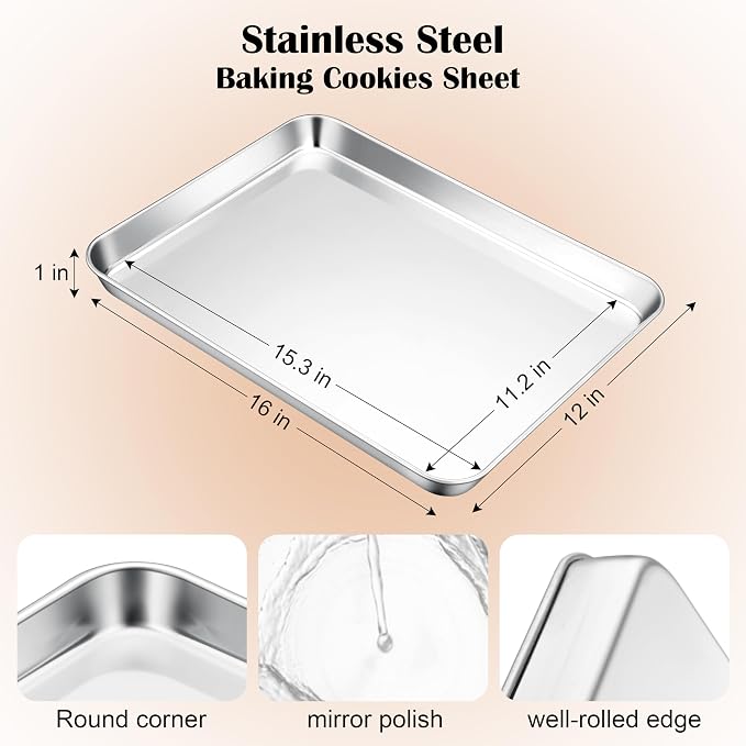 E-far Stainless Steel Baking Sheet, 16” x12” x 1” Cookie Sheet Pan | Non-toxic Metal Trays for Oven Baking Cake Cookie, Healthy & Rust Free, Mirror Finish & Dishwasher Safe