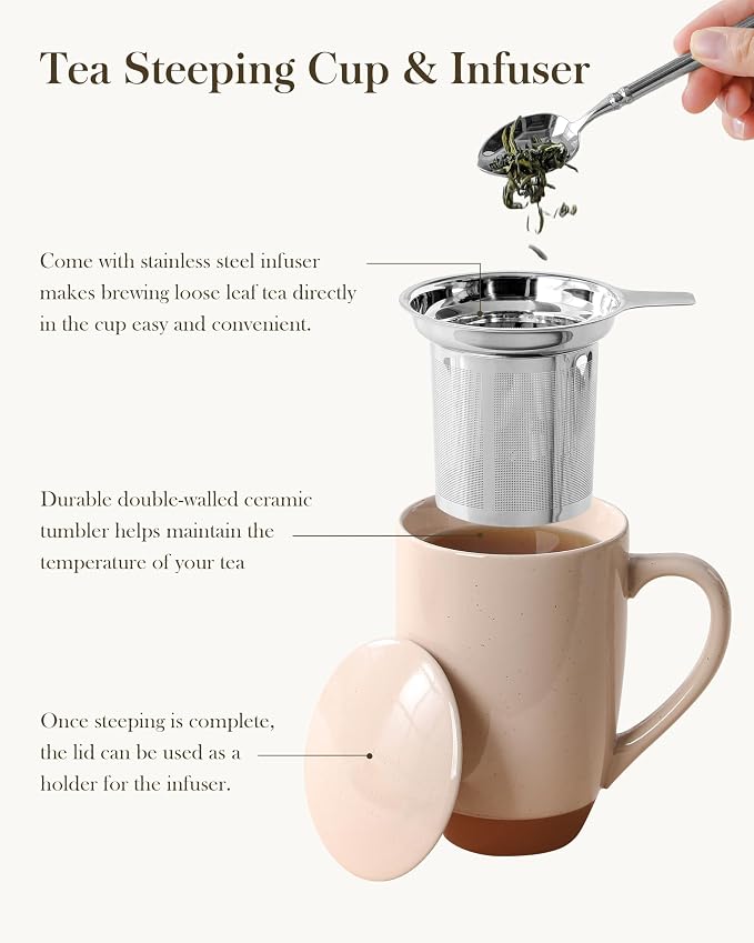 MALACASA Ceramic Tea Mug with Lid and Stainless Steel Infuser, 18 oz Large Tea Cup for Loose Leaf Tea, Heat-Resistant, Microwave & Dishwasher Safe, Speckled Glaze Coffee & Tea Brewer Mug, Khaki Pink