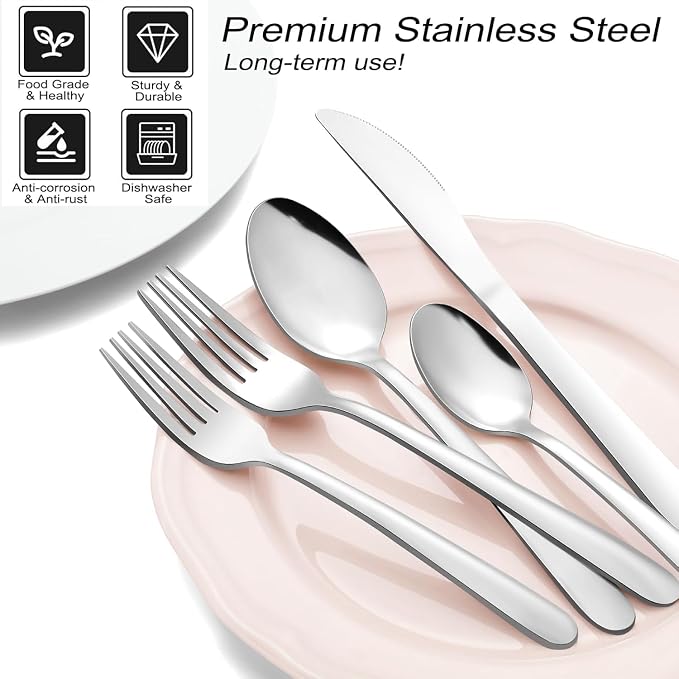 Pleafind 48-Piece Stainless Steel Silverware Set for 8 - Heavy Duty Flatware Set Including Steak Knives, Forks, Spoons and Dinner Knives, Mirror Polished Kitchen Utensils Set, Dishwasher Safe