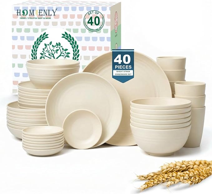Wheat Straw Dinnerware Sets 40 PCS Plates and Bowls Sets with Cup Set and Dipping Bowls, Unbreakable Camping Dishes Microwave and Dishwasher Safe Dinnerware Set for Dinner, Outdoor (Beige)