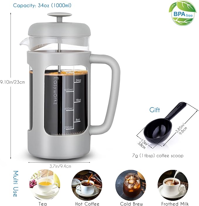Easyworkz French Press 34 oz Coffee Tea Maker with Borosilicate Glass,Soft Grip Handle,Light Grey