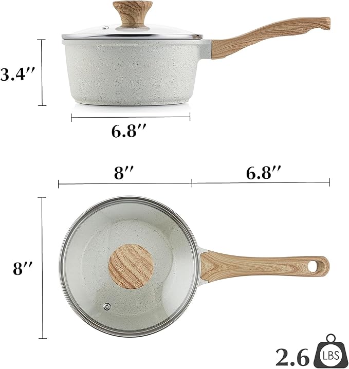 SENSARTE White Ceramic Nonstick Saucepan with Lid Set, Small Cooking Pot with Stay Cool Handle, Induction Compatible Saucepot, White Granite Coating, PFOA/PFAS Free, 1.5 + 2.5QT | Small Cooking Pot with Stay Cool Handle, Induction Compatible Saucepot, ...